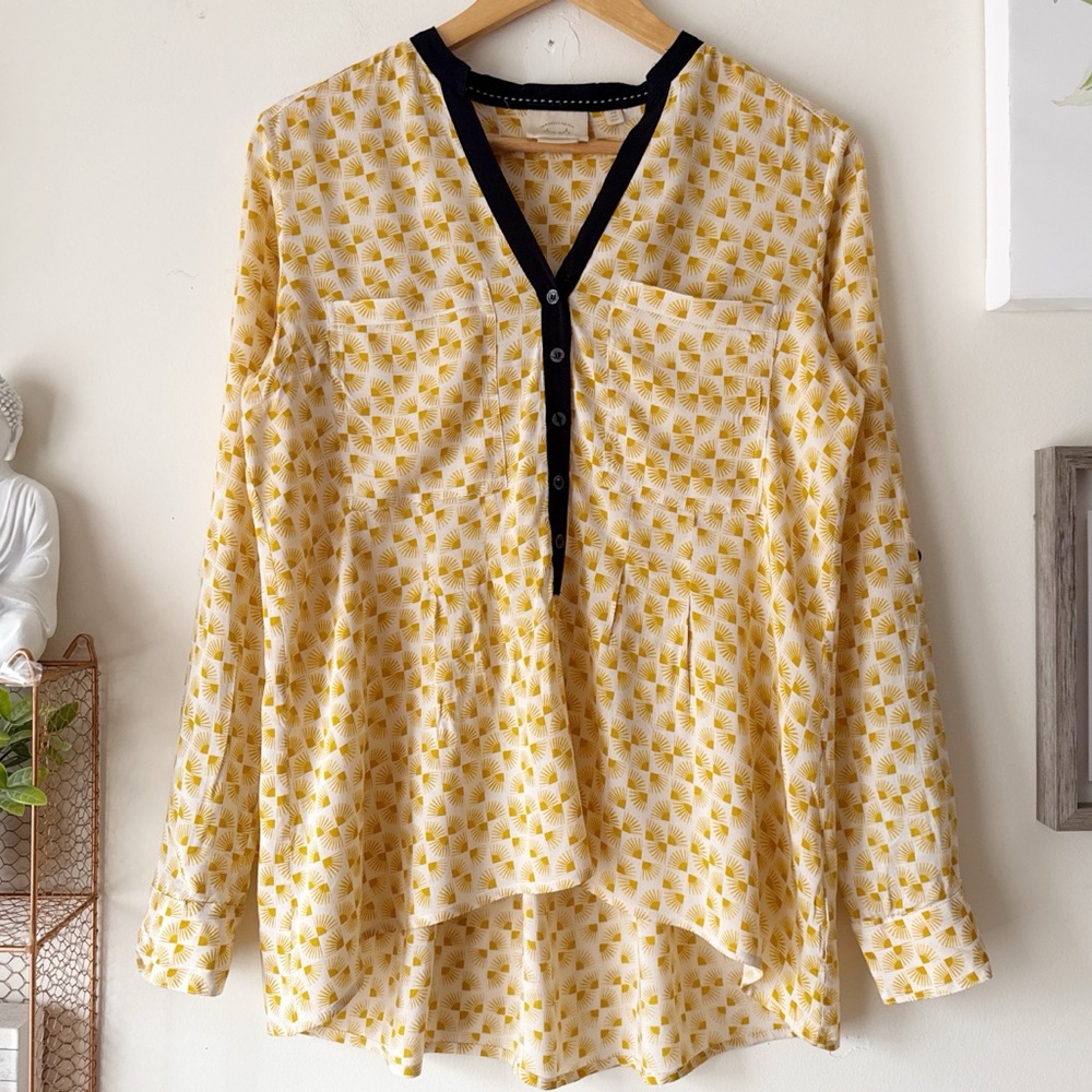 Anthropologie Vanessa Virginia Honore Yellow Motif Roll Tab Sleeve Blouse Size 4 - Picture 2 of 12